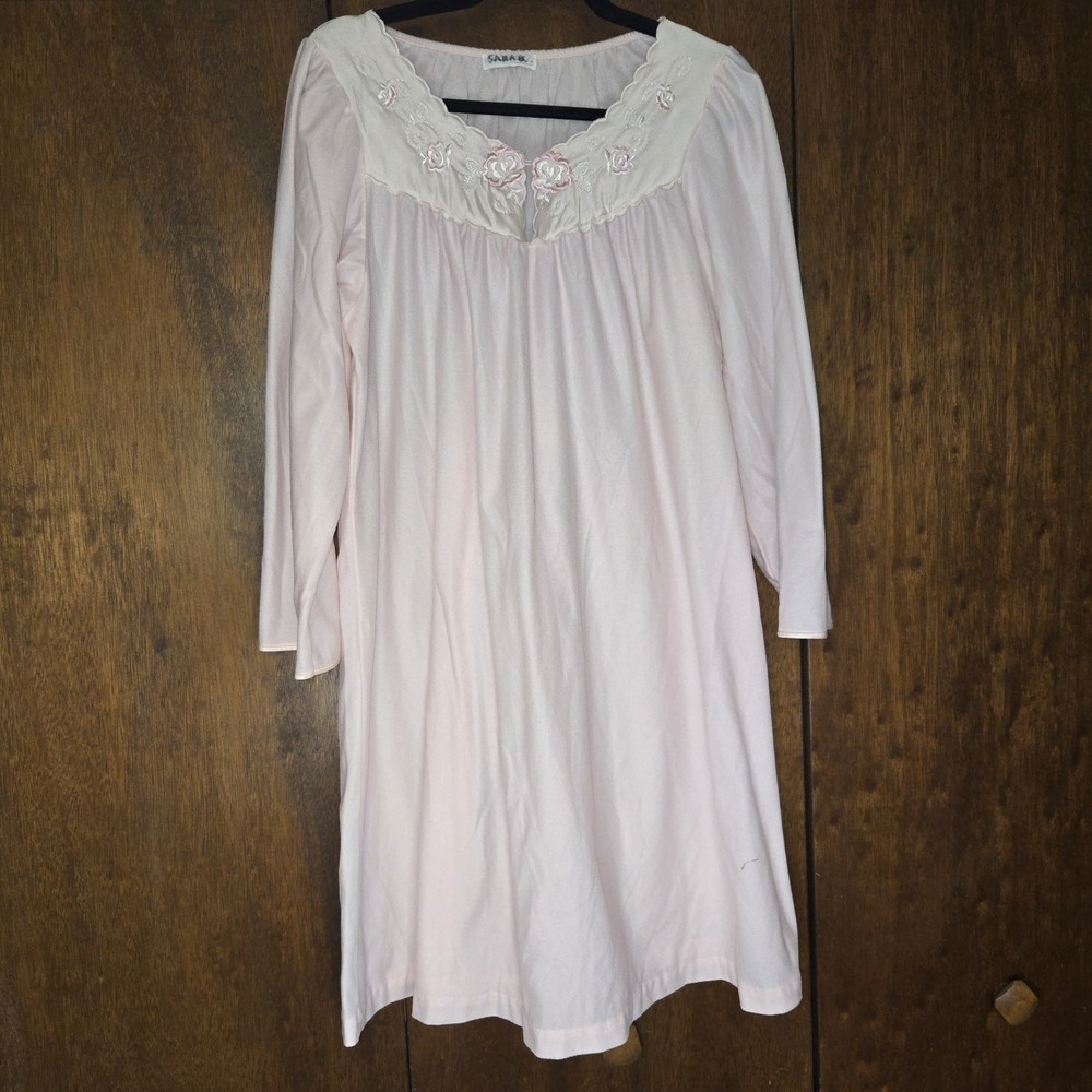 Miss Elaine Vintage Soft Pink Nightgown Embroidered Floral Collar Size Large